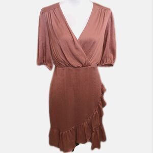 Express faux wrap-front dress, dusty rose mauve, puff sleeve, silky material S